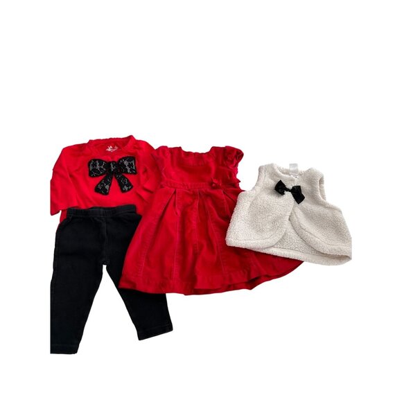 Carters Baby Girls 4-Piece Outfit Set Red Dress Bow Top White Vest Pants 6M - Picture 15 of 16